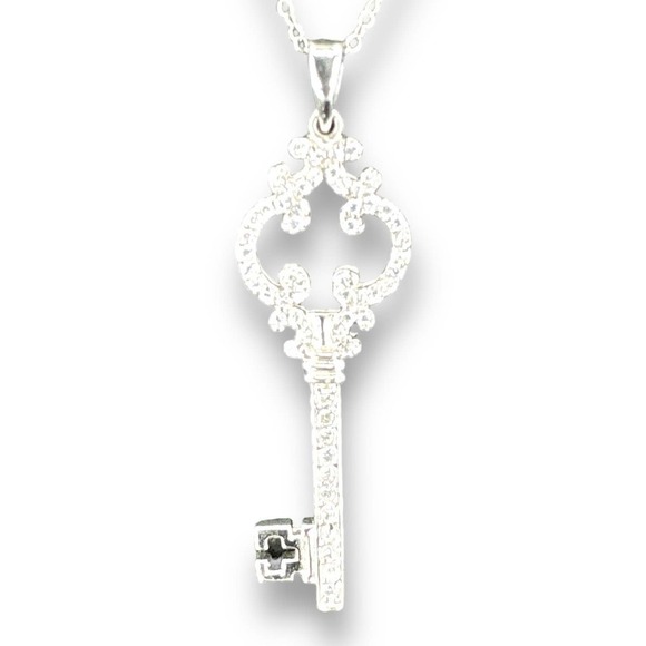 Sterling Silver Key Pendant Accented with Rhinestones Chain Link Necklace 17” - Picture 1 of 8